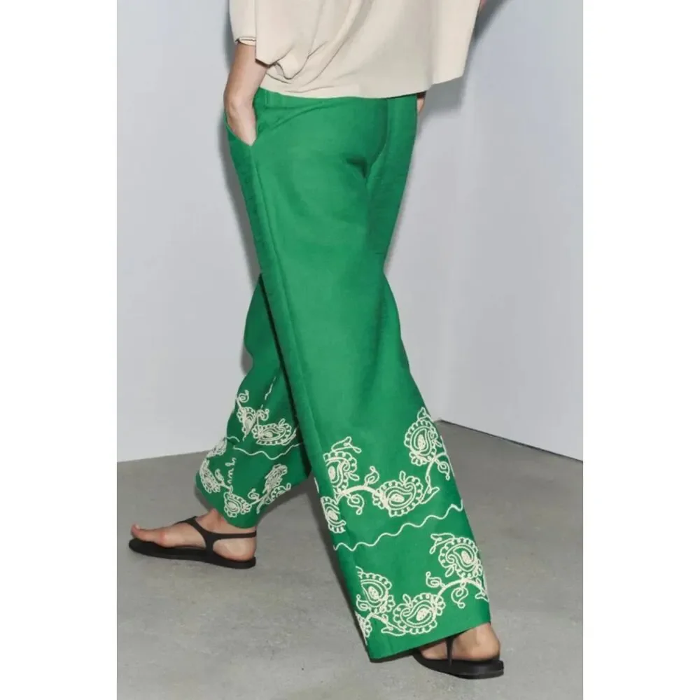 Zara Green White Linen-Blend Embroidered Flat Front Wide Leg Pants (NWT)